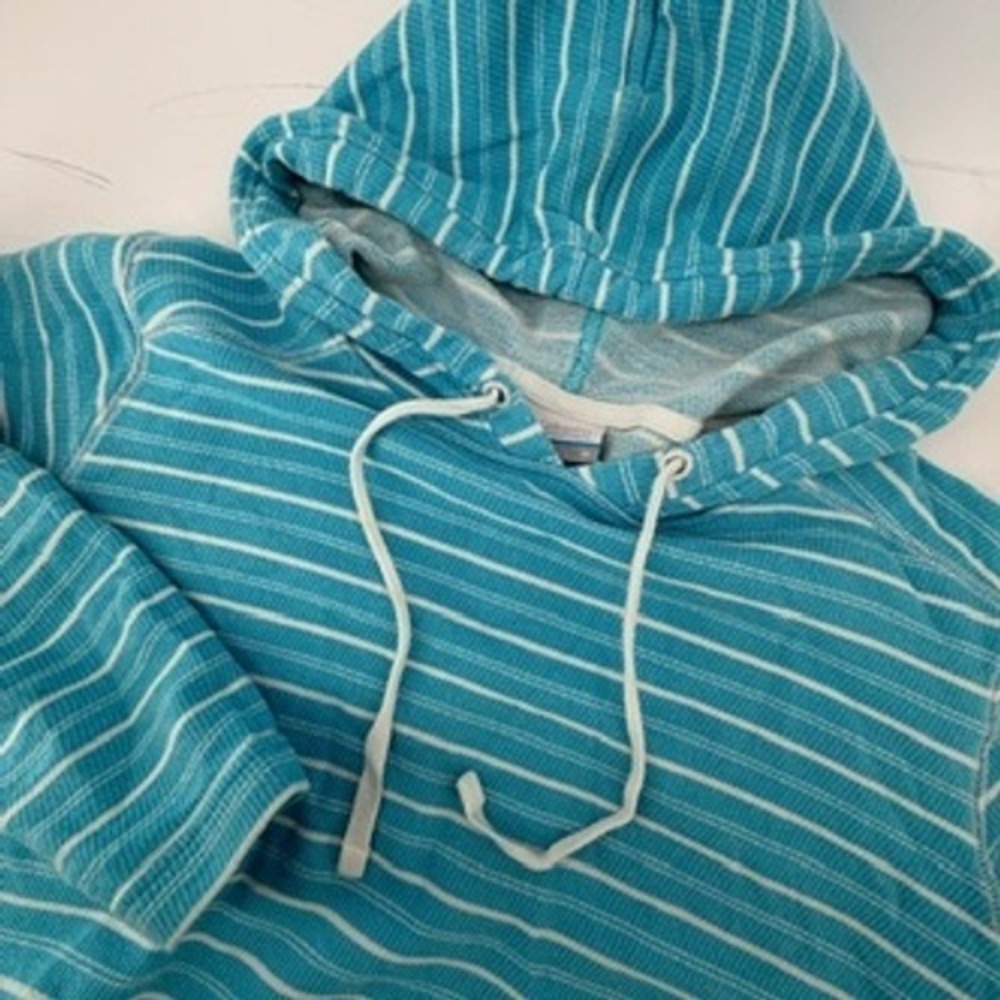 Columbia PFG Striped Hoodie Womens Medium Teal Blue White‎ French Terry Pullover